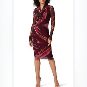 Fuzzi Red Printed Mesh Sheath Dress Cowl Neck Long Sleeve Burgundy Floral Midi